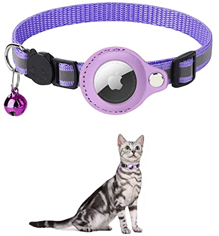 KOCNYDEY Reflektierendes AirTag Katzenhalsband, Anti-Lost Cat Tracker Halsband mit verstellbarem Halter & integrierter Glocke Apple Air Tag Katzenhalsband für Katzen kleine Hunde Welpen (Lila)