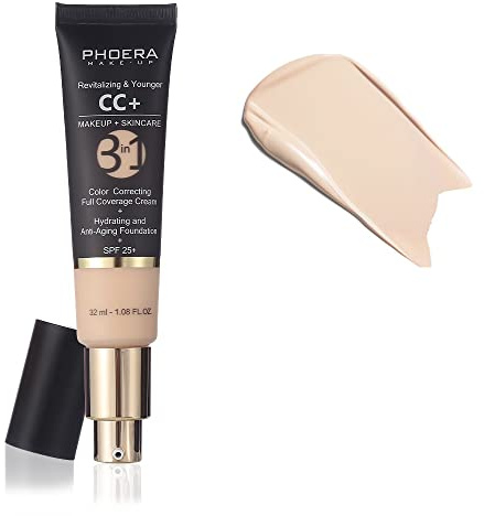 PHOERA Anti-Aging Color Correcting Full Coverage Cream Foundation SPF 25+ Revitalizing & Younger infused Concealer with Vitamins For dark circles, acne scars, wrinkles & redness. (100 Porcelain)