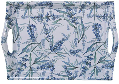 DRW Bandeja Rectangular de melamina con Asas y Flores en Azul y Blanco 5x31x44 cm