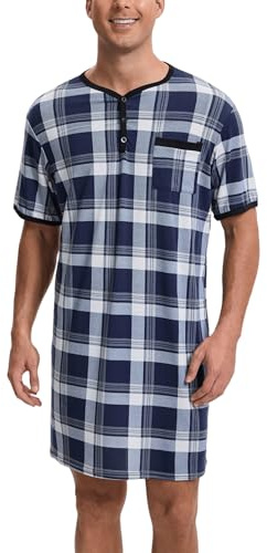 Yukiuiny Maglie Pigiama Uomo Abbigliamento da Notte Camicie Lunghe per Dormire,Maniche Corte-1-Blu Marino a Quadri(94% Poliestere, 6% Spandex)/M