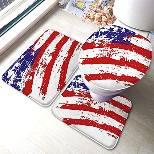 IUBBKI Badezimmermatten-Set, 3-teilig, weiß, blau, rot, amerikanische USA-Flagge, Badezimmermatten-Set, Wärmer, Badezimmermatte, Teppich, rutschfester WC-Vorleger, für WC-Deckelbezug