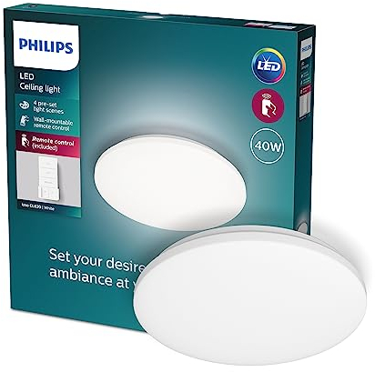 PHILIPS Izso All-in-One Deckenleuchte inkl. Fernbedienung (40 W), dimmbare LED Leuchte mit allen Weißtönen, flexible Lichtsteuerung ohne Verkabelung, Weiß