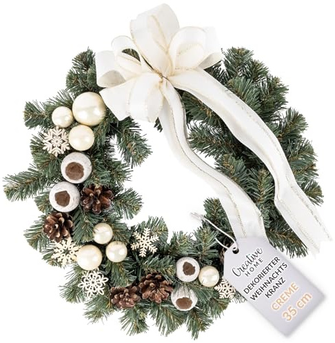 Creative Home Weihnachtskranz Cremefarben Türkranz Weihnachten Tannenkranz Künstlich | Durchmesser 35 cm | Adventskranz für Haustür Wand Tisch | Indoor & Outdoor Weihnachtsdeko draußen Winter Deko