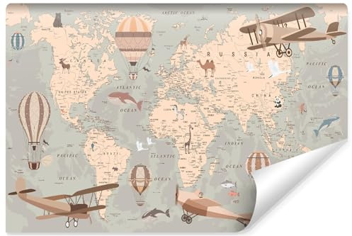 Muralo Fototapete Selbstklebend 3D, Mädchen, Jugend, Weltkarte - 360x240 cm | Beeindruckendes 3D-Design, Erdkarte mit Ballons, hochauflösender Druck - ideal für Kinderzimmer, Tägliche Entdeckerabenteuer