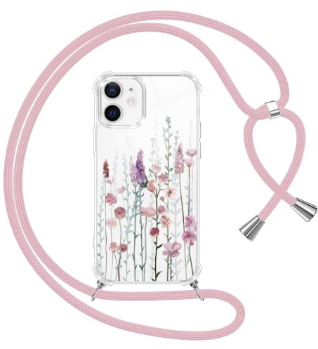 Yoedge Handyband Handyhülle für Apple iPhone 12 Mini 5,4 Hülle mit Band, Weiche Silikon TPU + PC Stoßfest Schutzhülle mit Kordel zum Umhängen, Durchsichtig Case mit Aesthetic Muster, Blumen 3