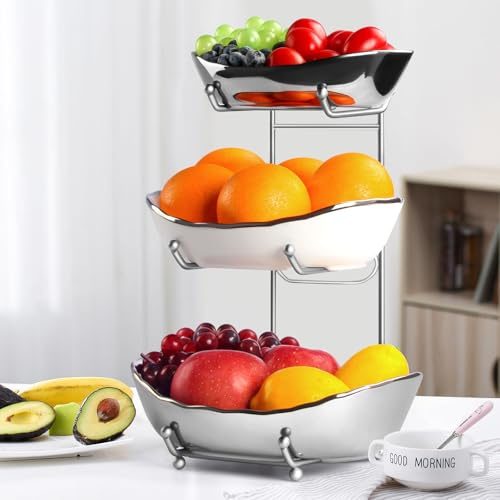 LIJINGCHEN 3 Tier Fruit Bowl for Kitchen Counter, Modern Ceramic Fruit Stand for Countertop, Home Fruit Rack with Holder, Vegetable Bowl Snacks Nuts Bread Candy Storage (Sliver)