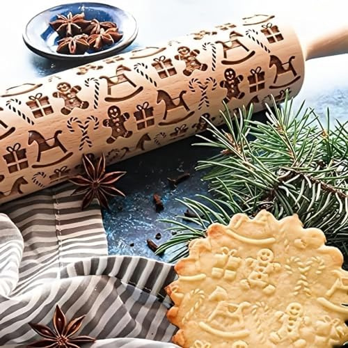 Mattarello natalizio in legno 3D in rilievo con omino di pan di zenzero, simboli a tema natalizio, mattarello per la cottura di biscotti di Natale, cialde, pasticceria, 35 cm
