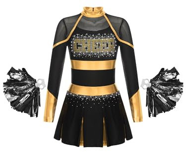 MSemis Mädchen Cheer Leader Cheerleading Kostüm Langarm Schulmädchen Uniform mit Pom Pom Karneval Fasching Party Halloween Kostüm Schwarzes Gold 134-140