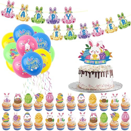Easter Decorations Home Spring Decor : Happy Easter Banner,Easter Egg Bunny Party Balloons,Easter Cake Toppers,Easter Party Bunting Decorations for Kids Easter Party,Boys Girls Easter Party Deco.