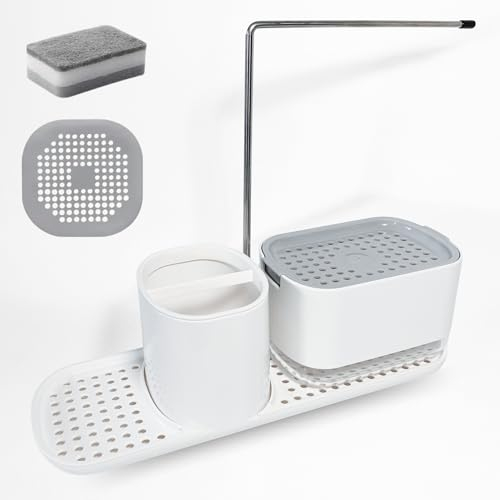 Kitchen Soap Dispenser, Kitchen Soap Dispenser, Kitchen Sink Organizer, Refillable Dishwasher Dispenser, with Cloth Holder, Scourer Holder, Includes Scouring Pad and Strainer (White)