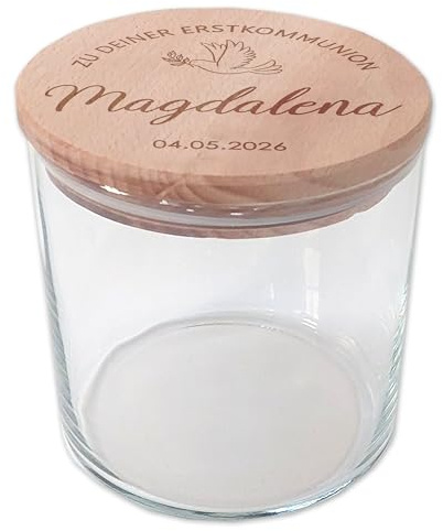 Feenstaub Personalisiertes Glas mit Deckel, Aufbewahrungsglas mit Namen, Holzdeckel mit Gravur, Vorratsdosen Glas mit Deckel, Vorratsglas, Geschenke zur Kommunion, Erstkommunion Geschenk, Symbol