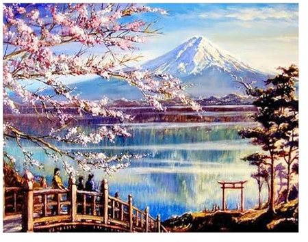 SHEGZHUC 50 x 40 cm Pintura Montañas, Lagos y Flores de Cerezo Diamante Japón, Puente, Decoración de Bordado Punto de Cruz