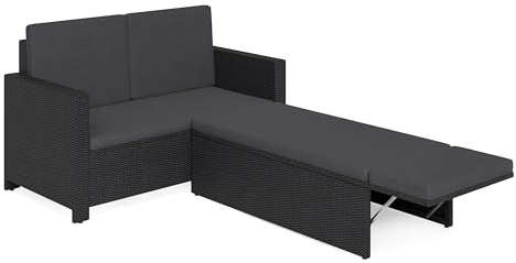 STEELSØN Gartenbank Elnath 2in1 Polyrattan, Gartensofa für 2 Personen mit Liegefunktion, Balkonmöbel mit Hocker 2er Sofa mit Polster wetterfest, Terrassenmöbel in schwarz/anthrazit 73x65x130 cm HxTxB