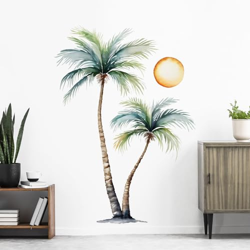 Tanlaby Wandtattoo Palme Baum Aquarell Palmen Tropische Pflanzen | Sonne Kokosnussbaum für Wohnzimmer Schlafzimmer Flur Bad Wanddeko