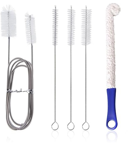 5-Piece Cleaning Brush Set, Double-Sided Stainless Steel Pipe Brush, Stainless Steel Long-Handled Cleaning Brush, Sponge Brush, Suitable for Pipes, Sinks, Bottles, Aquariums