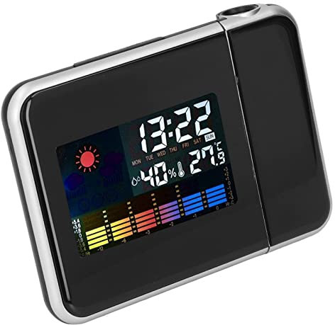 Dekaim Projektionsuhr mit Temperatur, Wetterstation, Uhr mit Temperatur, Luftfeuchtigkeit, LCD-Farbdisplay, LED-Hintergrundbeleuchtung, Schlummerfunktion, Projektionswecker, Schwarz