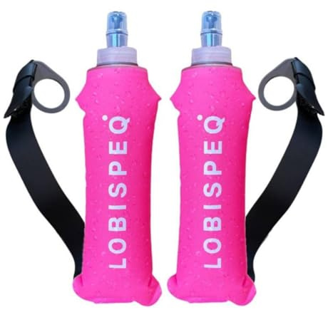 LOBISPEQ®️ - Pack de 2 Soft Flask 500ml con Correa Libre de BPA | Botella Plegable Agua Para Running, Trail Running o Cualquier Deporte | Botella Agua Running de TPU (CORREA, ROSA)
