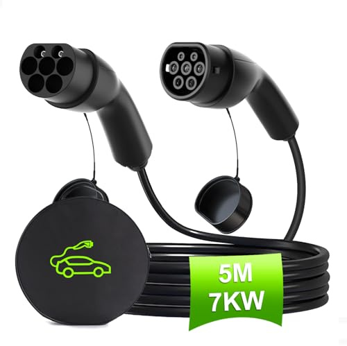 Aiskooc EV Charging Cable with Storage Bag, Mode 3 Type 2 to Type 2 EV Charger Extension Cable, 7KW 32A 5M Electric Car Charging Cable, 1 Phase Type 2 Charging Cable for EV & PHEV