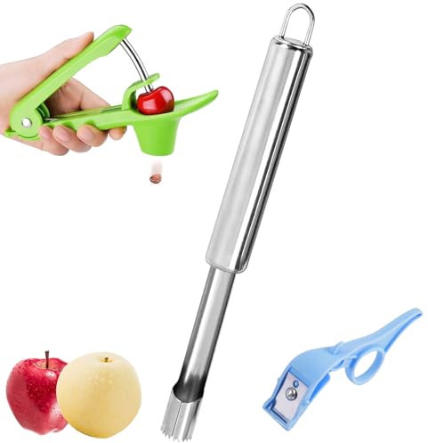 PIWOSGOL 3PCS Kirschentkerner Apfelentkerner Obstschäler Set, Edelstahl Cherry Pitter Tool Apfelausstecher mit Aufhängeöse, Hand Fruit Obstentkerner für Äpfel, Birnen, Kirschen, Orangen, Beeren usw