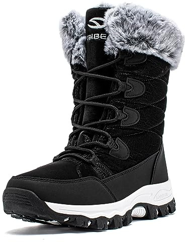 HOBIBEAR Kinder Schneestiefel Wasserdicht Outdoor Warm Kunstfell Gefüttert Winterschuhe Schwarz，33 EU