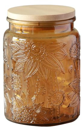 Jarsense Glass Jar 700ml Glass Sealed Jar with Bamboo Lid Household Food Grade Storage Jar Coffee Bean Tea Leaf Jar Storage Jar Gerbera Pattern (Yellow)