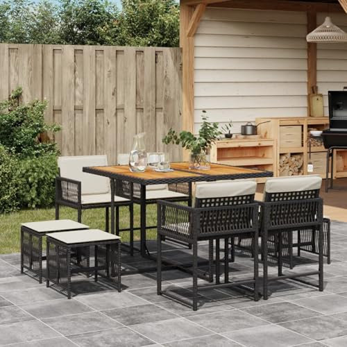 Somanki 9-TLG. Garten-Essgruppe mit Kissen Schwarz Poly Rattan, Esstisch Mit Stühlen Set, Gartenmöbel Sitzgruppe, Balkon Möbel, Gartenlounge Set, Terrassenmöbel, Balkonmöbel Set - 3211503