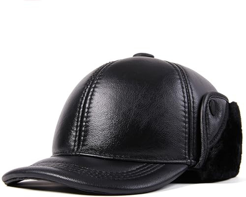 Vnook Herren Echtes Leder Ohrenklappen Hut warme Dicke Baseballkappe mit Ohrenklappen, warme Baseballmütze aus echtem Leder, Schirmmütze aus Baumwolle