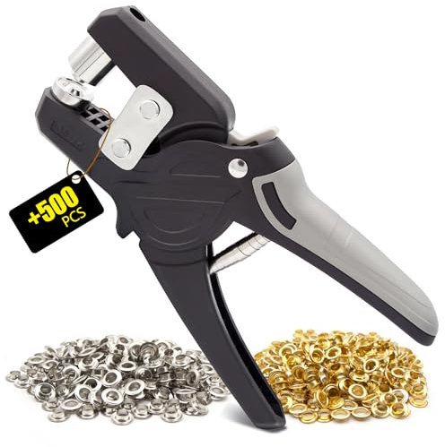 Xiaozhifu Occhiellatrice, Pinza per Occhielli con 500 Occhielli (Ø 10mm), Professionali Occhiellatrice per Teloni Adatto per Pelle, Telone,Tende, Manifesti, Striscioni (Grigio)