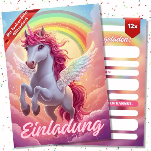 HIDEBLOOM GLITZER Einhorn Einladungskarten Kindergeburtstag Mädchen - 12 Stück - DIN A6 (10,5 cm x 14,8 cm) - Einladung Kindergeburtstag - Geburtstagseinladungen Mädchen Einhorn Regenbogen