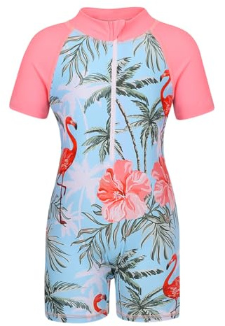 Swimming Costume Girls Swimsuit Kids One-Piece Rash Guard Swimwear 2-13Y | UV Protection Short Sleeve Swimming Costumes Swimsuits Summer Beach Pool Holiday Bathing Suit
