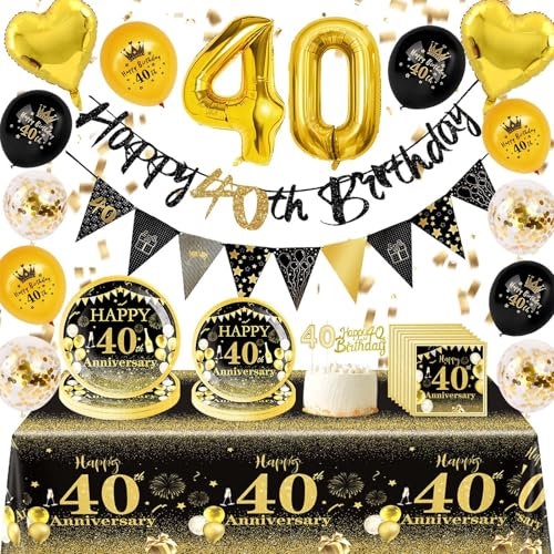 Black Gold 40th Anniversary Decorations - Happy 40th Anniversary Party Tableware Decorations Set Include Tablecloth, Plates,Banners,Balloons, Serviettes and Cake Topper for Party Supplies Decor