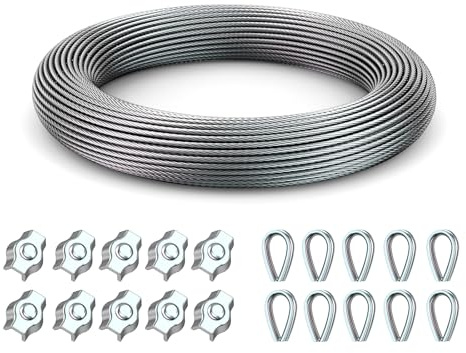 Drahtseil 2MM 50M, Edelstahlseil 304, mit 10 Seilklammern und 10 Herzform-Bügeln, geeignet für Wäscheleine, Kletterpflanzen und Seilaufhängung