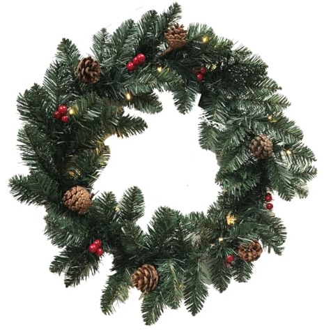 glowster LED Weihnachtskranz 60 cm, verziert mit Zapfen und Kugeln, beleuchten und verschönern Sie Ihre Räume in der festlichen Jahreszeit.