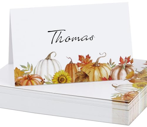 BETESSIN Tischkarten Herbst - 50 Stück Platzkarten mit Kürbis Motiv - Namenskarten zum Beschriften - Tischdekoration für Herbstfest, Erntedankfest uvm.