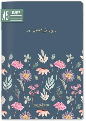 paper&you® Notizheft A5 liniert 64 Seiten, 90g/m² Premium-Papier, Notizbuch mit Softcover „Flying Flowers“ für Schule, Büro & unterwegs – nachhaltig & klimafreundlich