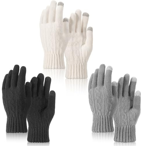 Utensilsto 3 Paar Handschuhe Damen Touchscreen Handschuhe Thermo Winterhandschuhe Wollhandschuhe Frauen Geschenk Weihnachten Schwarz, Weiß, Grau