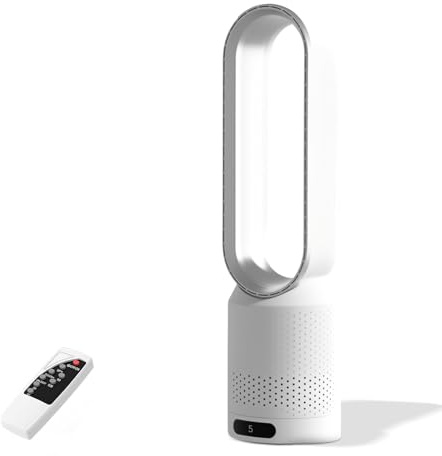 Ventilador de columna, ventilador silencioso con purificador de aire, 18 pulgadas, ventilador sin aspas, 8 velocidades, oscilante a 80° con mando a distancia, temporizador 8h, pantalla LED para salón