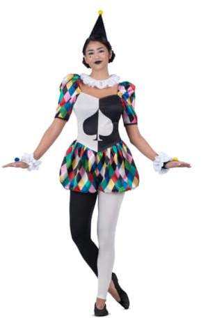 My Other Me - Disfraz Arlequina mujer adulto en negro y blanco | Incluye gorro negro con pompón, cuello, mono con mangas y pantalones cortos abullonados, puños, mitones y mallas a contraste