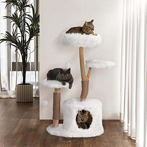 Kratzbaum Natur Holz Katzenbaum XXL 109cm mit Höhle und Hängespielzeug, Katzenmöbel im nordischen Design