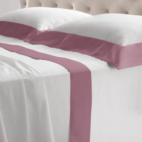 Riad Arredo Set Completo Letto Matrimoniale in 100% Cotone 180TC Italiano PERCALLE e Balze RASO - Set Lenzuola Morbidissime Tinta Unita con Balze in Raso SATIN Artigianali Made in Italy (Rosa Antico)