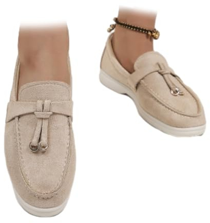 HESYSUAN Mocasines cómodos de piel de ante de caña baja para mujer, mocasines planos sin cordones con borla decorativa, mocasines ligeros para conducir