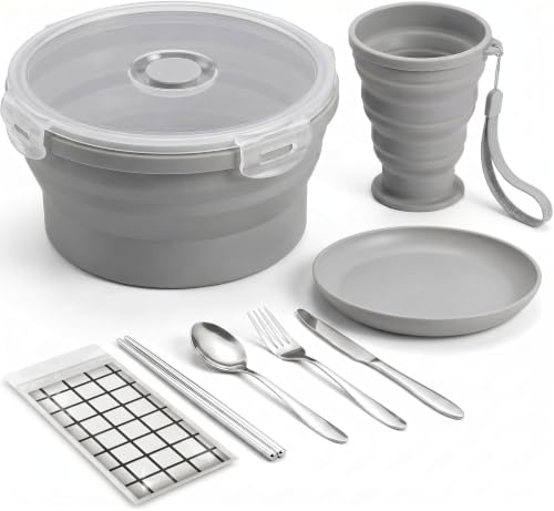 Camping Mess Kit, 8pcs, Foldable, Stainless Steel Cutlery Tablecloth