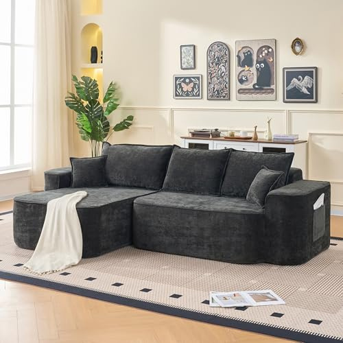 Ligterra Modulares Sofa, L Sofa mit Schlaffunktion, Boneless Couch, Ecksofa mit Chaiselongue, XXL-Tiefsitz, Chenille, mit Kissen & Seitentaschen, Ohne Montage, 262×144×65cm (Schwarz)