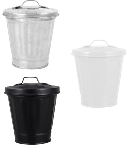SHINEOFI Set da 3 Mini Cestini per Rifiuti da Tavolo in Ferro Zincato con Coperchio Vaso Porta Fiori Compatto e Decorativo per Scrivania per Soggiorno Camera da Letto e Studio