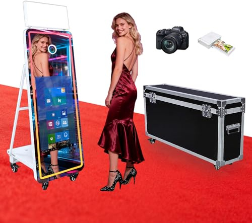 Magic Mirror DSLR Photo Booth with 32 Inch Touchscreen, Instant Printing & LED RGB Square Light, Portable Photobooth with Flight Case for Weddings Parties Events (White, Full Set)