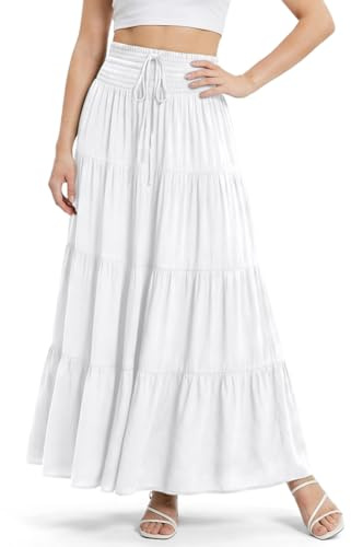 Alaoo Faldas Largo para Mujer, 2 en 1 Cintura Elástica Alta Falda Larga Bohemia con cordón,Maxi Falda Largos Línea A para Vacaciones Playa Casual Talla única,Blanco