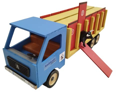 AMBIENTS ARTESANIA - Camion de Toros de Juguete - Juguete Artesano en Madera sostenible - Cajón con 6 Compartimentos y 12 Puertas - con rampa de Carga - Incluye 6 toritos