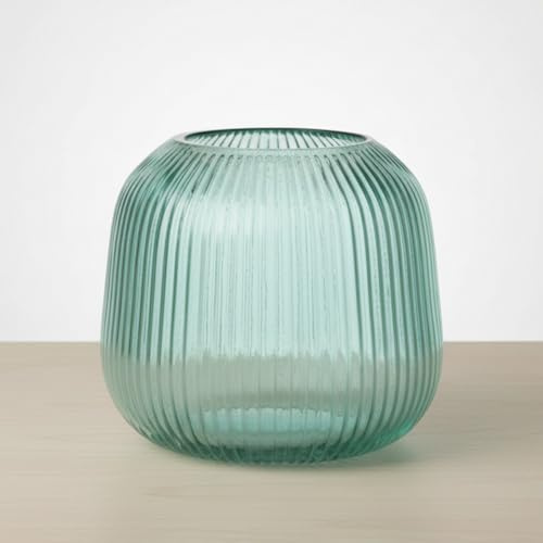 Boltze Windlicht Reggy türkis Glas 14 x 16 cm rund geriffelt maritim Retro Deko Vase Teelichthalter Tischdeko Frühling Sommer