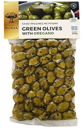 Blikas Olive Verdi Greche con Origano – Confezione 2 x 250 g (500 g) | - Olive Intere Marinate in Salamoia, Ricetta Greca Autentica