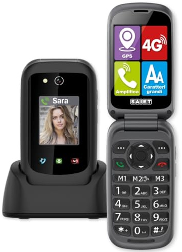 SAIET Prime GPS Cellulare per Anziani 4G con Tasto SOS, Localizzazione GPS, Doppio Display e Audio Potenziato, con Base di Ricarica e Torcia LED – Facile da Usare, Sicuro e Affidabile - Nero